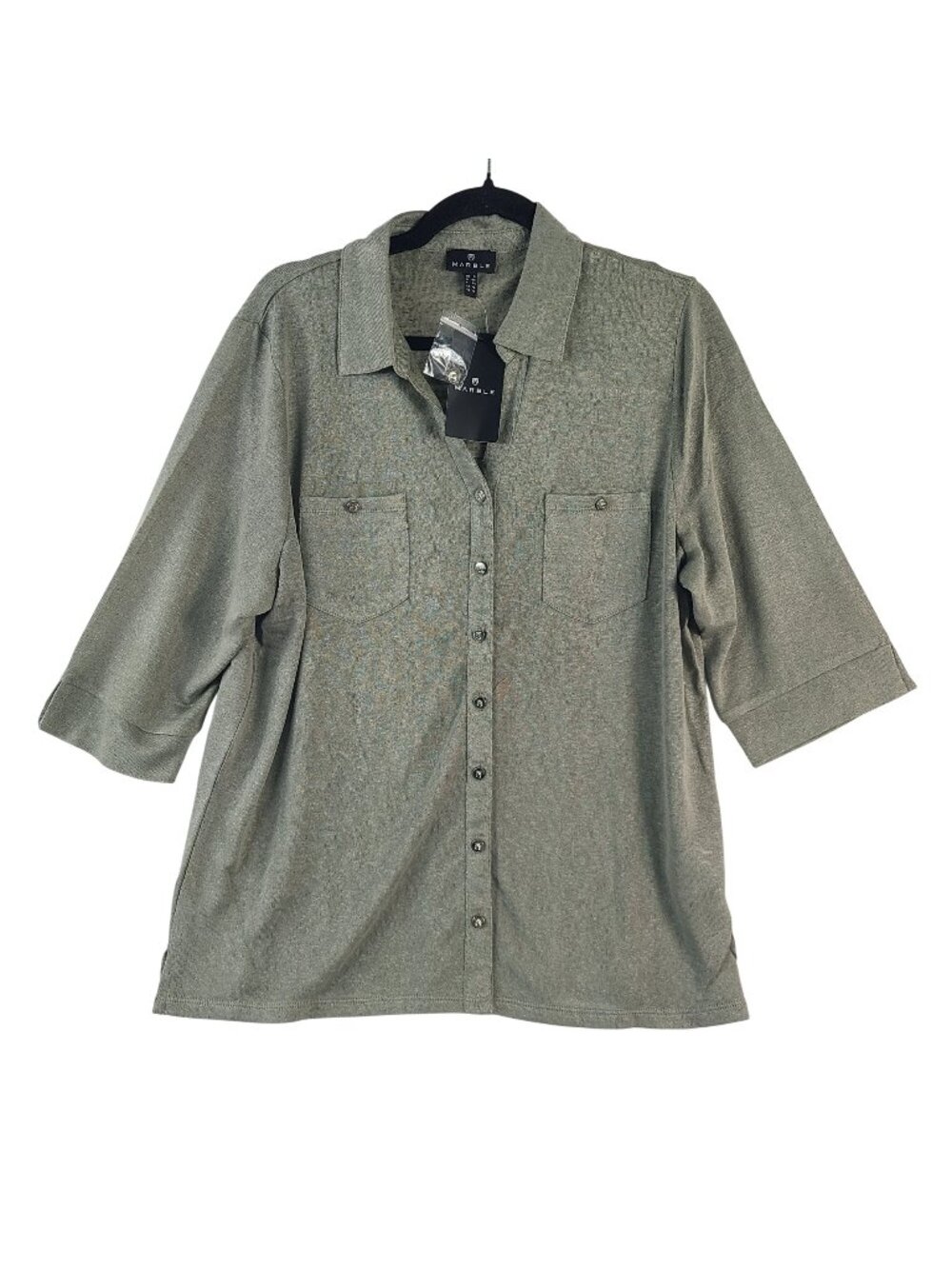 Marble Womens Relaxed Fit 3/4 Sleeve Button-Up Shirt Size XL Green Viscose Blend